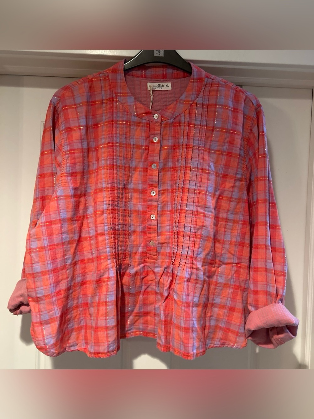 NATURAL LIFE Coral and Lavender Plaid Button Front Blouse